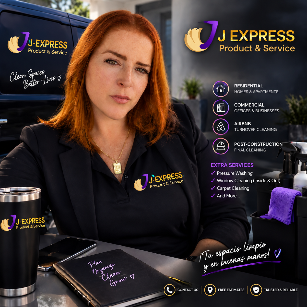 J-Express professional cleaner beside the J-Express service vehicle